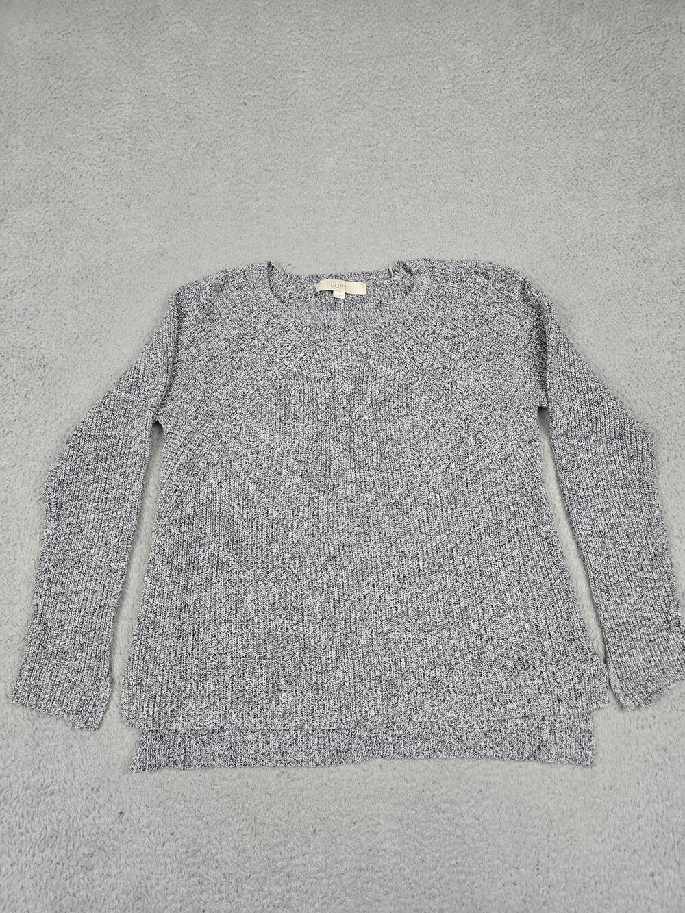 LOFT Sweater Womens Small Gray Marled Cotton Crewneck Knit Pullover Side Slits
